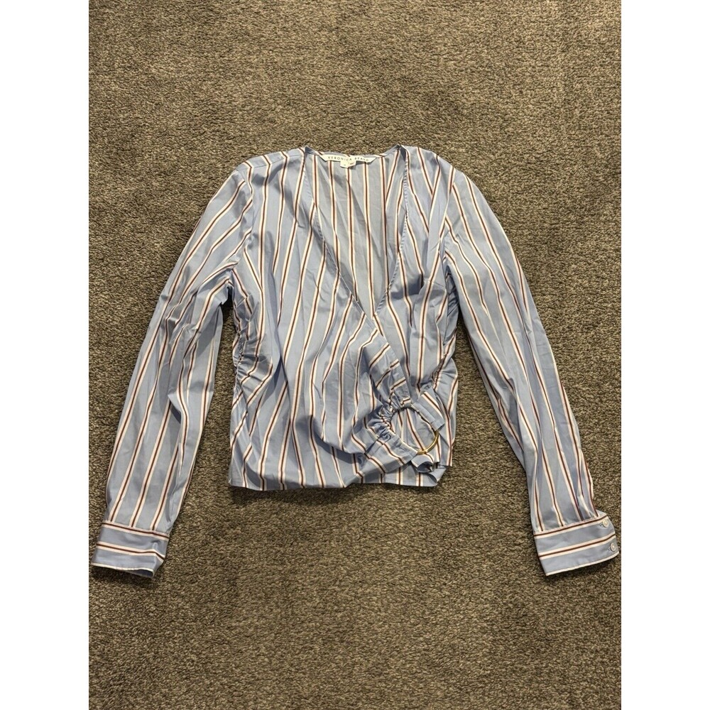Veronica Beard  Blue White Ozzie Faux Wrap Striped Cotton-blend Poplin Top Sz 10